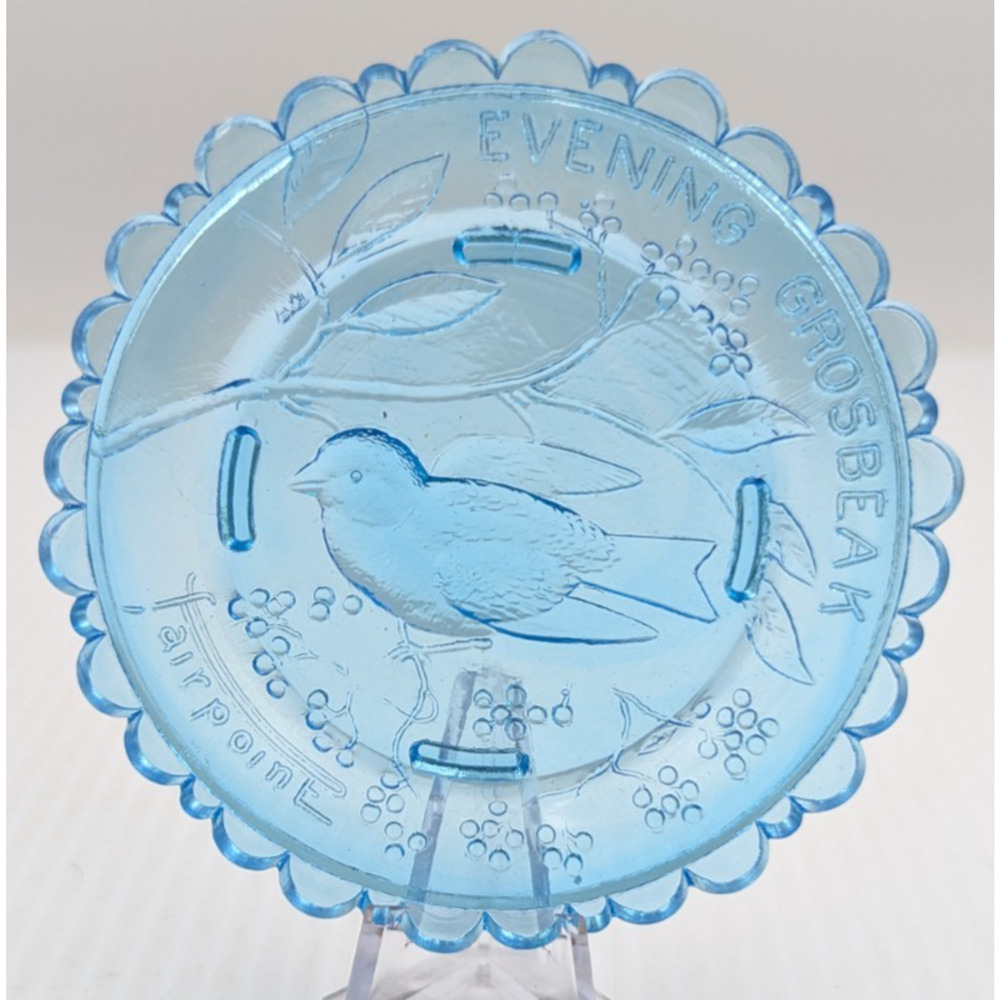 Evening Grosbeak Bird Glass Window Decor Pairpoint Cup Plate Blue Vintage 3.5"